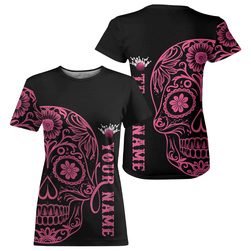 Pink Sugar Skull Tattoo Custom Bowling Team Women T-Shirts, Halloween Bowling Jerseys IPHW6711