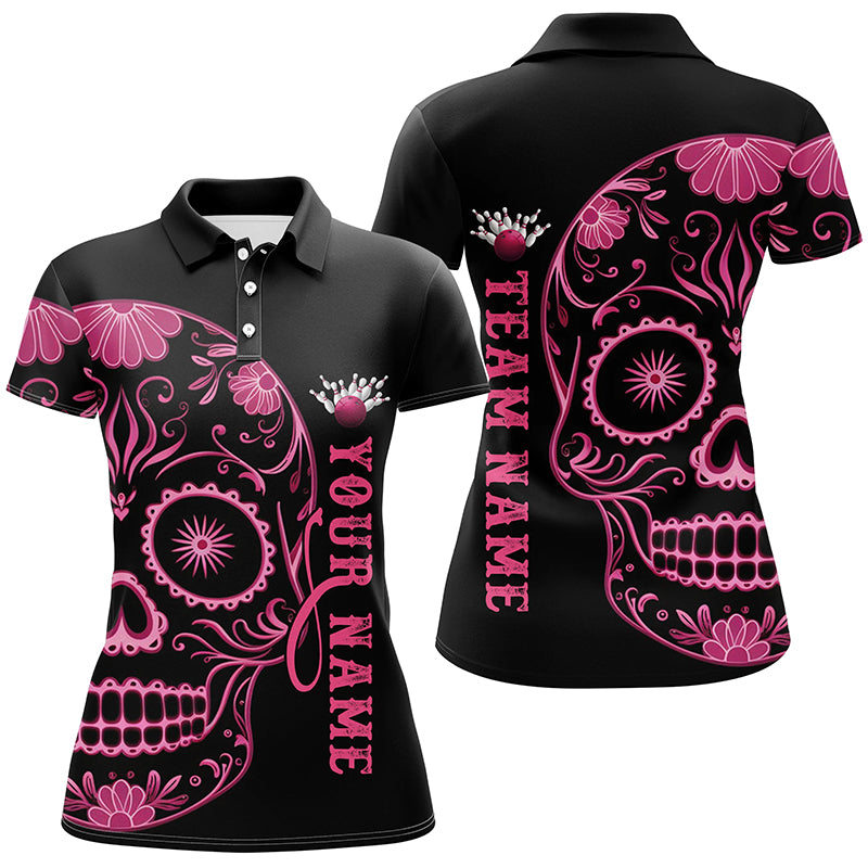 Pink Sugar Skull Tattoo Custom Ladies Team Bowling Polo Shirts, Halloween Team Bowling Jerseys IPHW6712