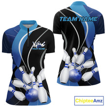 Load image into Gallery viewer, Custom Black And Blue Bowling Jerseys, Women Bowling Quarter-Zip Shirt Team Uniform IPHW9226