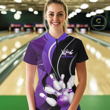 Load image into Gallery viewer, Custom Black And Purple Bowling Jerseys, Women Bowling Quarter-Zip Shirt Team Uniform IPHW9227