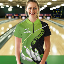 Load image into Gallery viewer, Custom Black And Green Strike Bowling Quarter-Zip Shirts For Women, Team Bowler Outfit IPHW9228