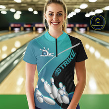 Load image into Gallery viewer, Custom Black And Blue Strike Bowling Quarter-Zip Shirts For Women, Team Bowler Jerseys IPHW9229