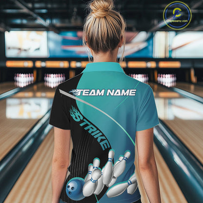 Custom Black And Blue Strike Bowling Quarter-Zip Shirts For Women, Team Bowler Jerseys IPHW9229