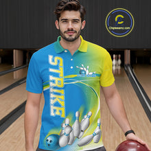 Load image into Gallery viewer, Custom Blue And Yellow Strike Bowling Polo Shirts For Men, Strike Bowling Team Jersey IPHW9233