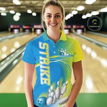 Load image into Gallery viewer, Custom Blue And Yellow Strike Bowling Polo Shirts For Women, Strike Bowling Team Jersey IPHW9233