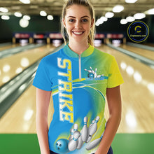 Load image into Gallery viewer, Custom Blue And Yellow Strike Bowling Quarter-Zip Shirts For Women, Bowling Team Jersey IPHW9233