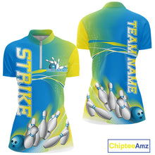 Load image into Gallery viewer, Custom Blue And Yellow Strike Bowling Quarter-Zip Shirts For Women, Bowling Team Jersey IPHW9233