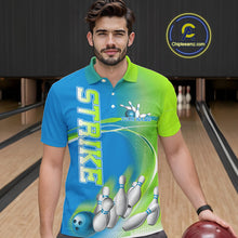 Load image into Gallery viewer, Custom Blue And Green Strike Bowling Polo Shirts For Men, Strike Bowling Team Jersey IPHW9234