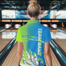 Load image into Gallery viewer, Custom Blue And Green Strike Bowling Polo Shirts For Women, Strike Bowling Team Jersey IPHW9234