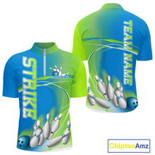 Load image into Gallery viewer, Custom Blue And Green Strike Bowling Quarter-Zip Shirts For Men, Strike Bowling Team Jersey IPHW9234