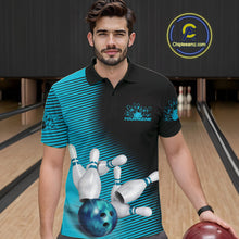 Load image into Gallery viewer, Custom Black And Blue Bowling Polo Shirts For Men, Blue Bowling Jerseys IPHW9401