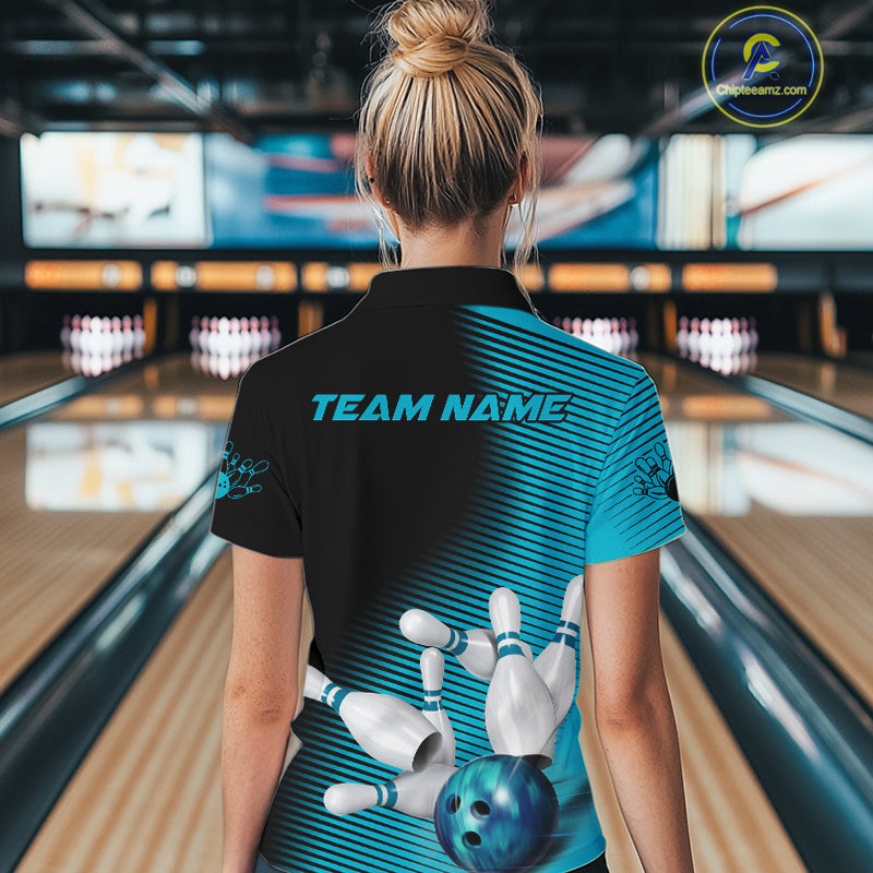 Custom Black And Blue Bowling Quarter-Zip Shirts For Women, Blue Bowling Jerseys IPHW9401