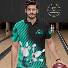 Load image into Gallery viewer, Custom Black And Ball Blue Bowling Polo Shirts For Men, Blue Bowling Jerseys IPHW9402