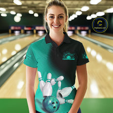 Load image into Gallery viewer, Custom Black And Ball Blue Bowling Polo Shirts For Women, Blue Bowling Jerseys IPHW9402