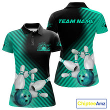 Load image into Gallery viewer, Custom Black And Ball Blue Bowling Polo Shirts For Women, Blue Bowling Jerseys IPHW9402
