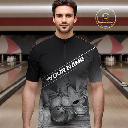 Custom Black And White Bowling Tournament Quarter-Zip Shirts For Men, Bowling Team Shirt IPHW9405