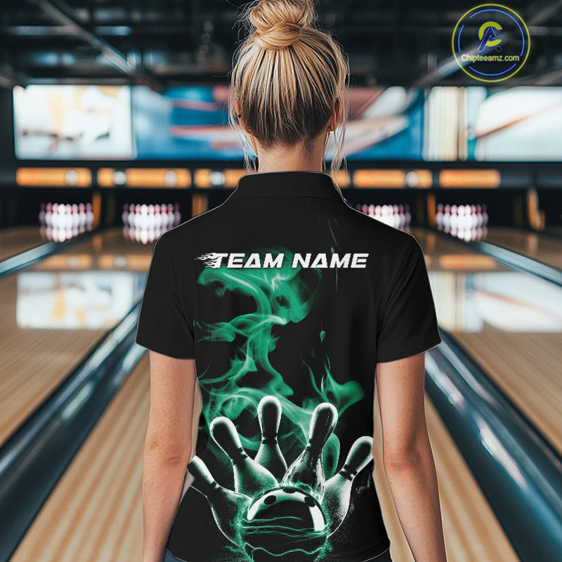 Custom Green Smoke Bowling Quarter-Zip Team Shirts For Women, Flame Bowling League Shirt IPHW9566