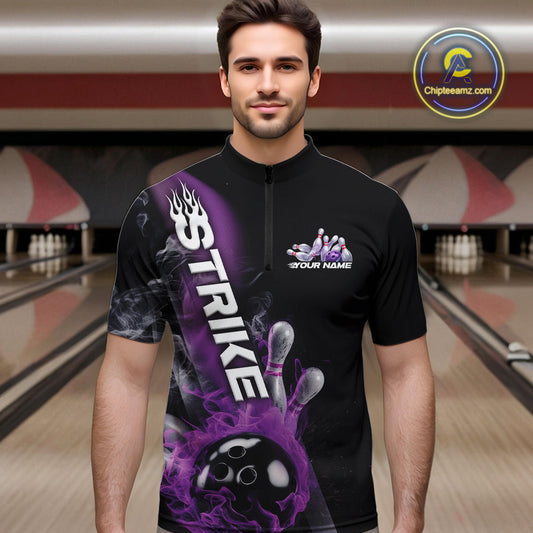Custom Purple Flame Strike Bowling Team Quarter-Zip Shirts For Men, Fire Bowling Jerseys IPHW9571