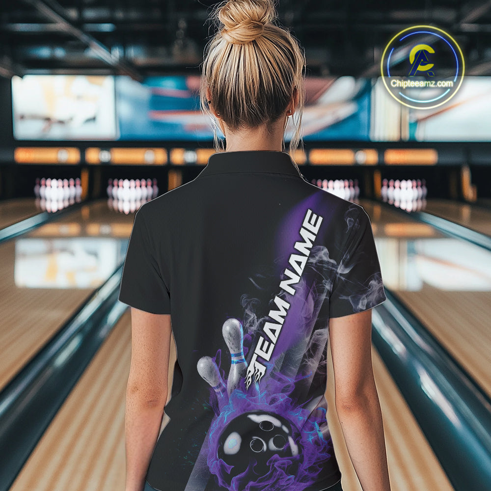 Custom Blue And Purple Flame Strike Bowling Women Quarter-Zip Shirt, Fire Bowling Jersey IPHW9572