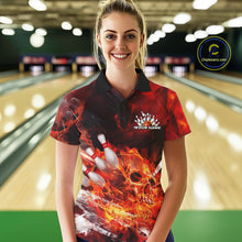 Load image into Gallery viewer, Custom Fire Flame Skull Bowling Polo Shirts For Women, Halloween Bowling Outfits IPHW9575