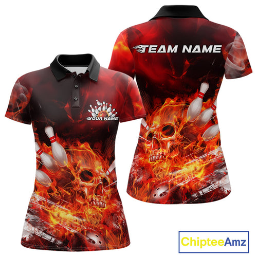 Custom Fire Flame Skull Bowling Polo Shirts For Women, Halloween Bowling Outfits IPHW9575