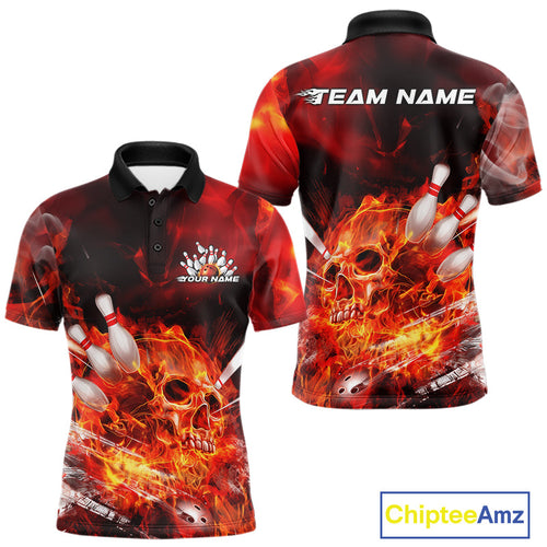 Custom Fire Flame Skull Bowling Polo Shirts For Men, Halloween Bowling Outfits IPHW9575