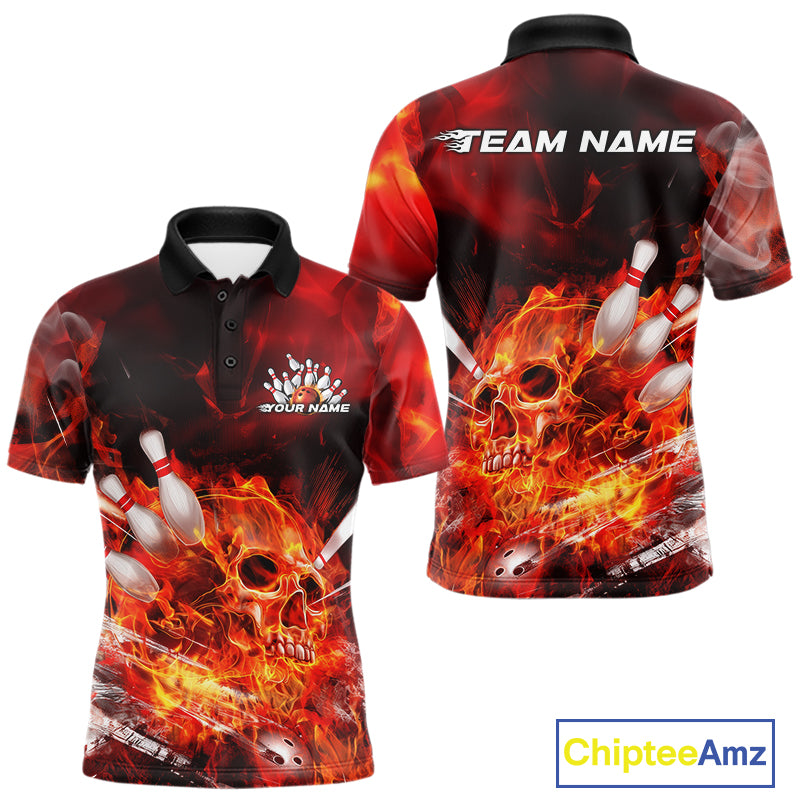 Custom Fire Flame Skull Bowling Polo Shirts For Men, Halloween Bowling Outfits IPHW9575