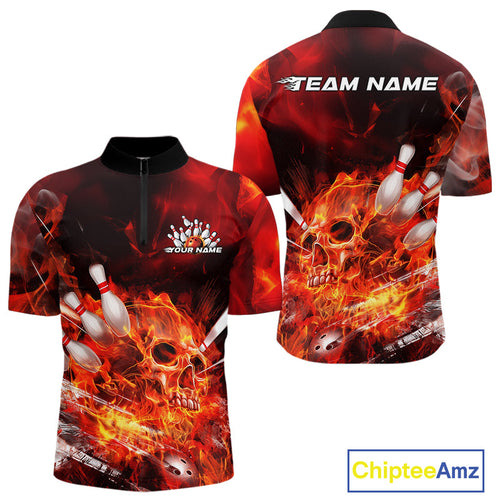 Custom Fire Flame Skull Bowling Quarter-Zip Shirts For Men, Halloween Bowling Outfits IPHW9575