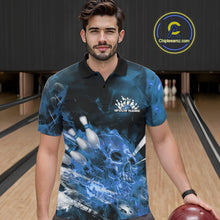 Load image into Gallery viewer, Custom Blue Fire Flame Skull Bowling Polo Shirts For Men, Halloween Bowling Outfits IPHW9576