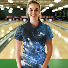 Load image into Gallery viewer, Custom Blue Fire Flame Skull Bowling Polo Shirts For Women, Halloween Bowling Outfits IPHW9576