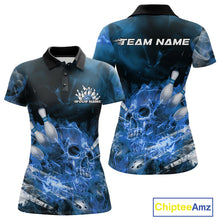 Load image into Gallery viewer, Custom Blue Fire Flame Skull Bowling Polo Shirts For Women, Halloween Bowling Outfits IPHW9576