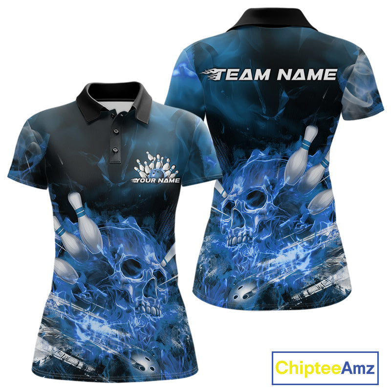 Custom Blue Fire Flame Skull Bowling Polo Shirts For Women, Halloween Bowling Outfits IPHW9576