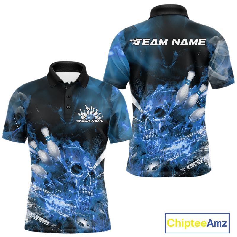 Custom Blue Fire Flame Skull Bowling Polo Shirts For Men, Halloween Bowling Outfits IPHW9576
