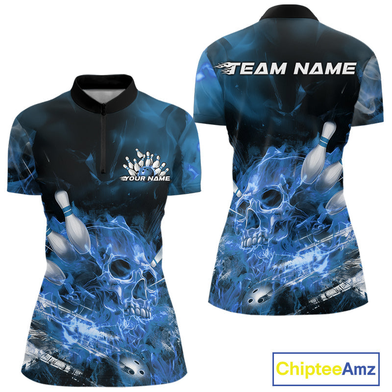 Custom Blue Fire Flame Skull Bowling Women Quarter-Zip Shirt, Halloween Bowling Outfits IPHW9576