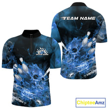 Load image into Gallery viewer, Custom Blue Fire Flame Skull Bowling Quarter-Zip Shirts For Men, Halloween Bowling Outfits IPHW9576