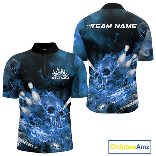 Custom Blue Fire Flame Skull Bowling Quarter-Zip Shirts For Men, Halloween Bowling Outfits IPHW9576