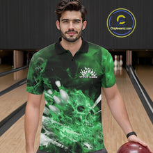 Load image into Gallery viewer, Custom Green Fire Flame Skull Bowling Polo Shirts For Men, Halloween Bowling Outfits IPHW9577