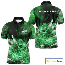 Load image into Gallery viewer, Custom Green Fire Flame Skull Bowling Polo Shirts For Men, Halloween Bowling Outfits IPHW9577