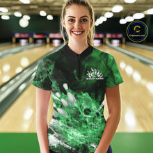 Load image into Gallery viewer, Custom Green Fire Flame Skull Bowling Women Quarter-Zip Shirt, Halloween Bowling Outfits IPHW9577