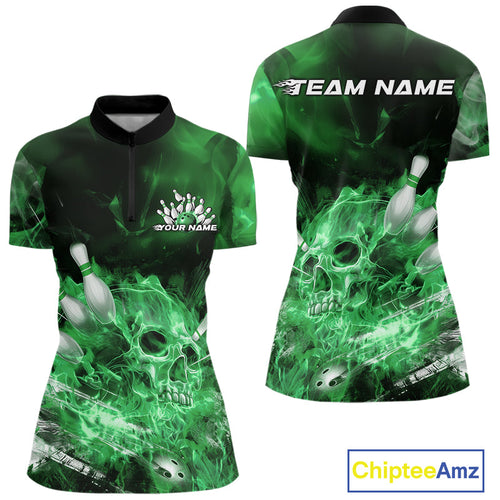 Custom Green Fire Flame Skull Bowling Women Quarter-Zip Shirt, Halloween Bowling Outfits IPHW9577