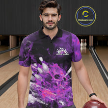 Load image into Gallery viewer, Custom Purple Fire Flame Skull Bowling Polo Shirts For Men, Halloween Bowling Outfits IPHW9578