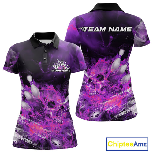 Custom Purple Fire Flame Skull Bowling Polo Shirts For Women, Halloween Bowling Outfits IPHW9578