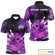 Load image into Gallery viewer, Custom Purple Fire Flame Skull Bowling Polo Shirts For Men, Halloween Bowling Outfits IPHW9578