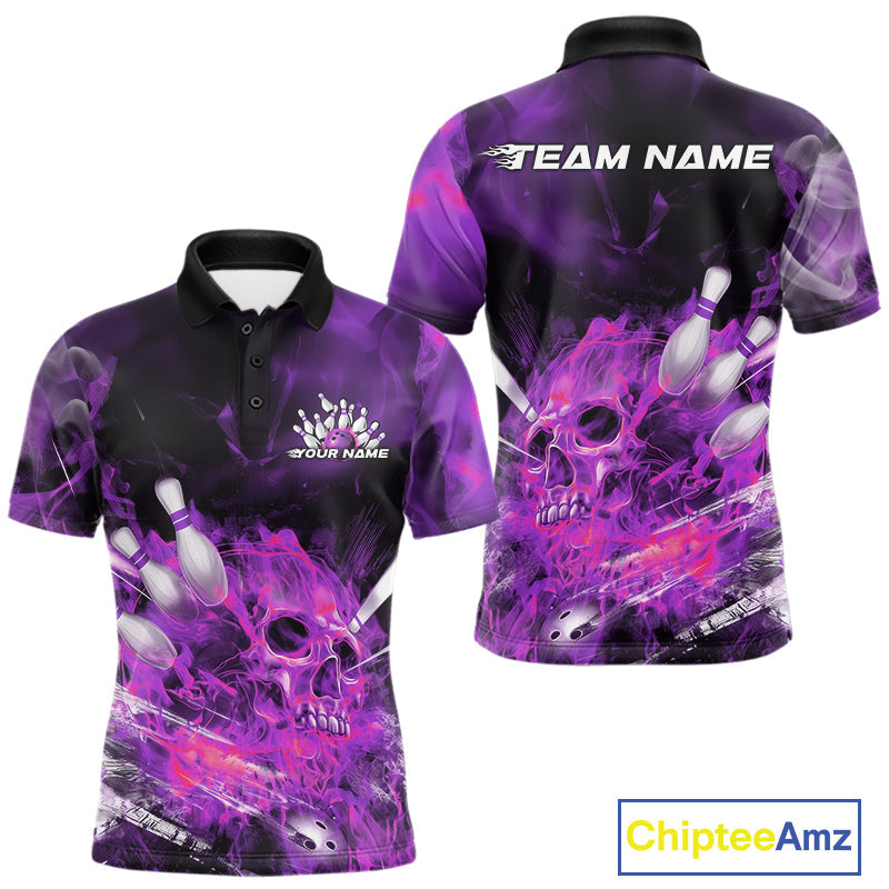 Custom Purple Fire Flame Skull Bowling Polo Shirts For Men, Halloween Bowling Outfits IPHW9578