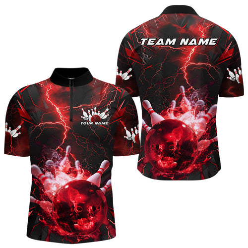 Custom Red Thunder Lightning Bowling Team Quarter-Zip Shirts For Men, Red Bowling Jerseys IPHW9581