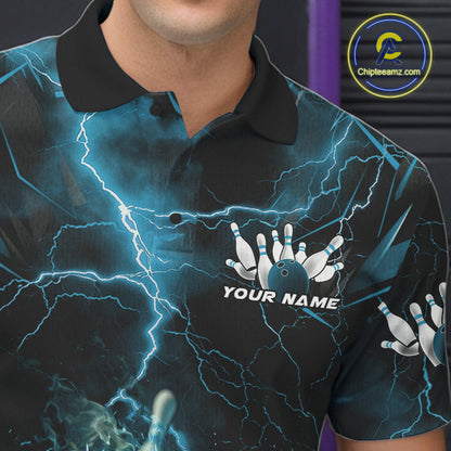 Custom Blue Thunder Lightning Bowling Team Polo Shirts For Men, Red Bowling Jerseys IPHW9582