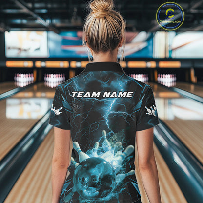 Custom Blue Thunder Lightning Bowling Team Polo Shirts For Women, Red Bowling Jerseys IPHW9582