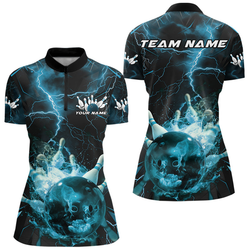 Custom Blue Thunder Lightning Bowling Team Women Quarter-Zip Shirt, Red Bowling Jerseys IPHW9582