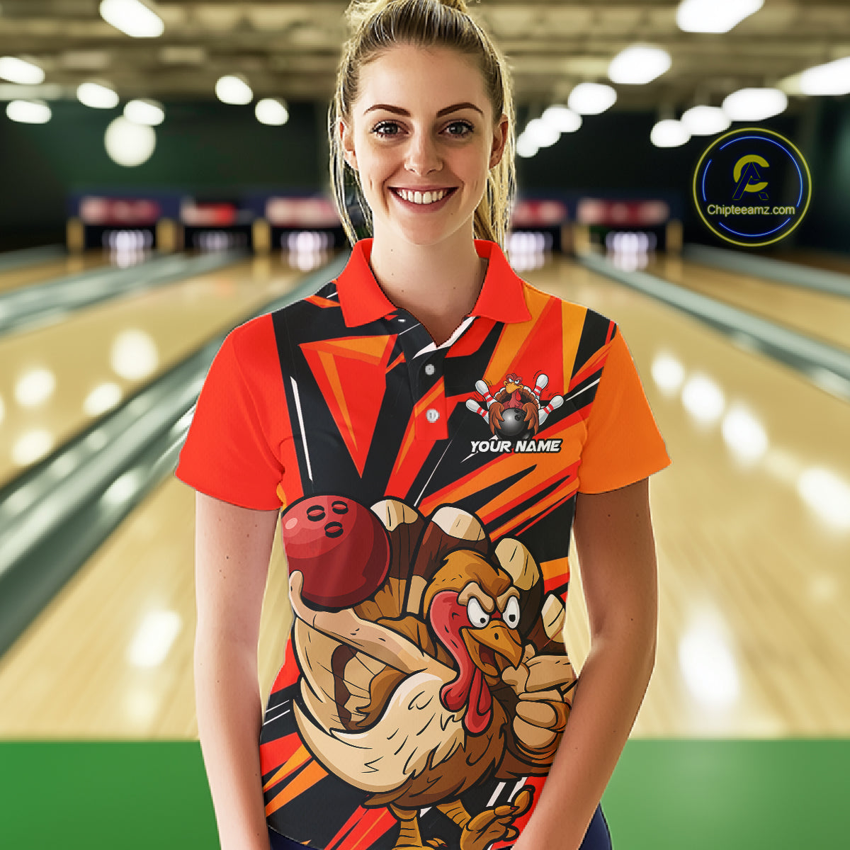 Custom Funny Turkey Bowling Shirts For Women, Orange Thanksgiving Bowling Shirt Team Uniform IPHW7587