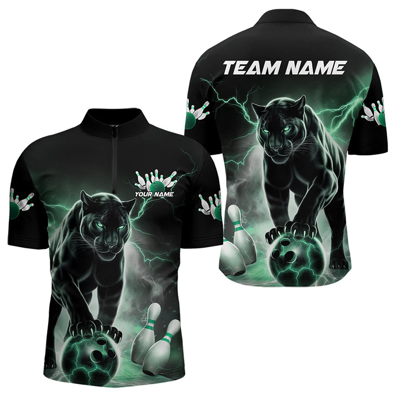 Green Thunder Lightning Custom Panther Bowling Quarter-Zip Shirts For Men, Bowling Team Uniform IPHW8269